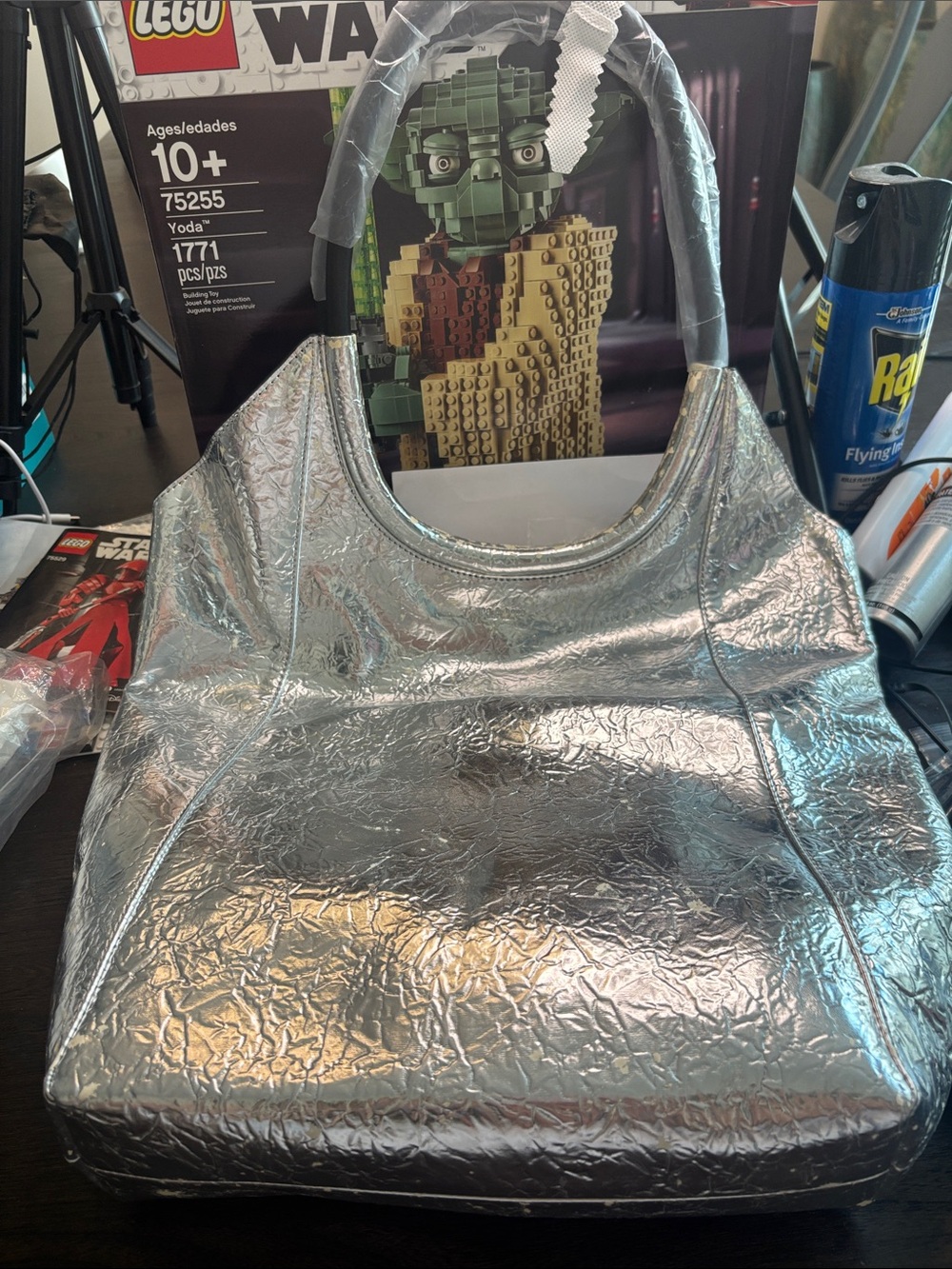 rag & bone Silver Metallic Crinkled Tote plealing observed